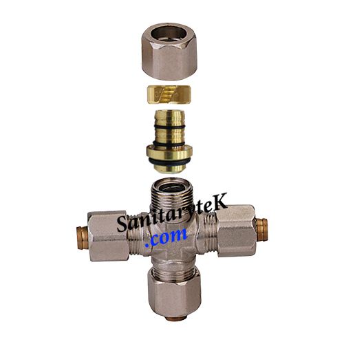 Compression fittings with removable adapter for multilayer pipe - cross fitting