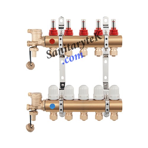 Pre-assembled manifolds with flowmeters and thermostatic screw